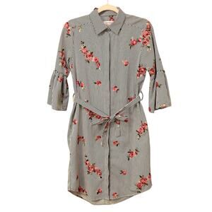 Calvin Klein Striped Floral Embroidered Bell Sleeve Tie Waist Shirt Dress Size 4
